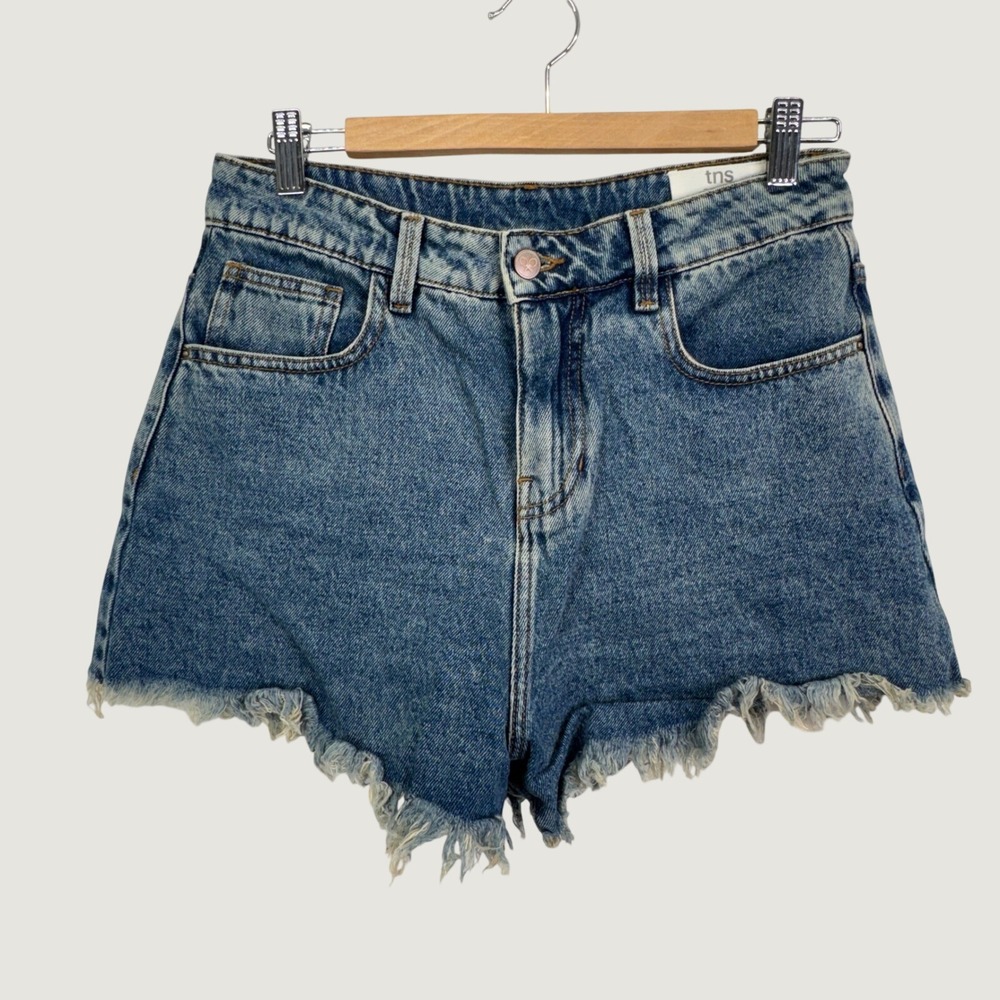 tns Denim Jean Shorts Size 6 Blue High Waisted Frayed Hem Boho Festival 5103
